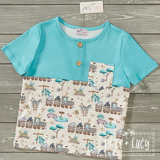 "SAFARI TRAIN" Little Boys Short sleeve, button up shirt w/ Pocket