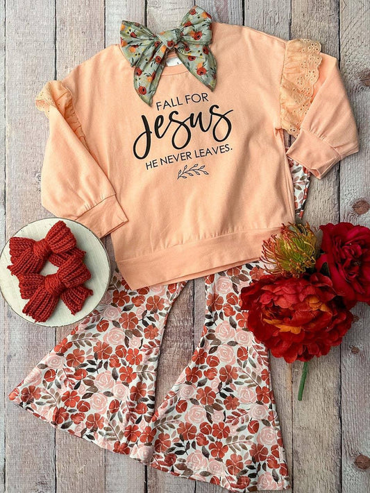 "Fall For Jesus" girls Floral bell bottom Pants Set